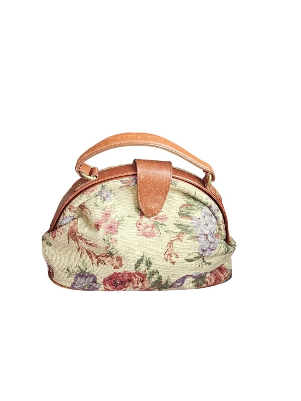 Talbots Vintage Floral Canvas Handbag with Tan Leather Trim